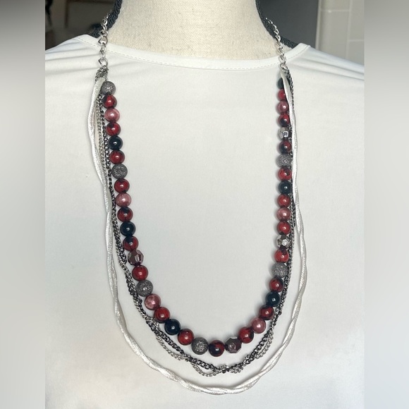 Necklace, 4 strand red/black/gray/white silver tone jewelry - Picture 1 of 10